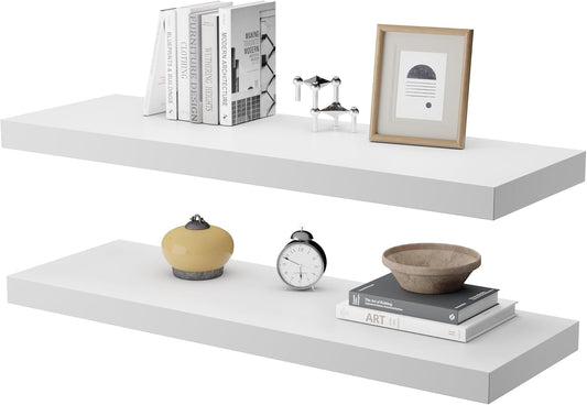 Large Floating Shelves for Wall Set of 2 Wooden Wall Shelves 30 in x 12.75 in x 2 in Room Decor Long Shelf with Invisible Wall Mount Bracket for Bedroom Kitchen Living Room White