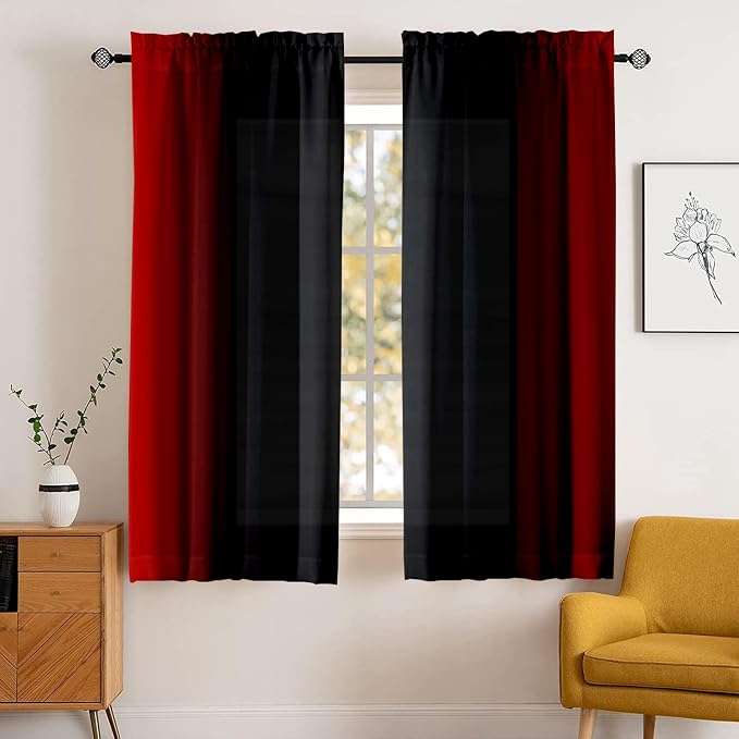 Abstract Ombre Curtains 63 inches Length for Living Room,Red and Black Light Filtering Window Curtain Rod Pocket Gradient Vintage Window Drapes for Bedroom Red Curtains,2 Panels,42 inches Wide
