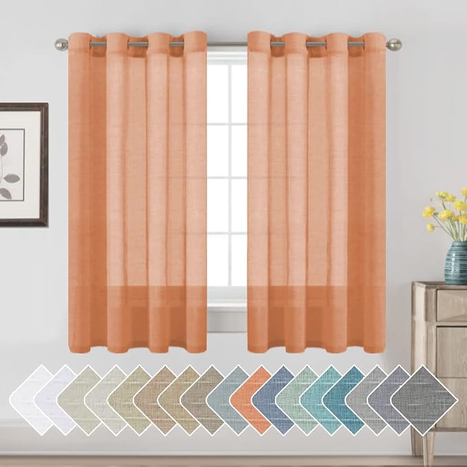 H.VERSAILTEX Linen Curtains Natural Linen Blended Curtain Panels for Living Room/Light Reducing Linen Semi Sheer Curtains 2 Panels Set Nickel Grommet Window Panels (52x63 Inch, Orange)