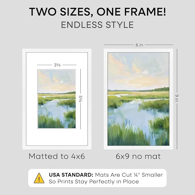 Homeforia 6x9 Picture Frame White, High End Metal 6 x 9 Frames with Mat 4 by 6 for Print, Photo Frame 6x9 White Matted to 4x6 inches Art, 6by9 Wall or Tabletop Frames, Tempered Glass, Wall Kit, Set of 1