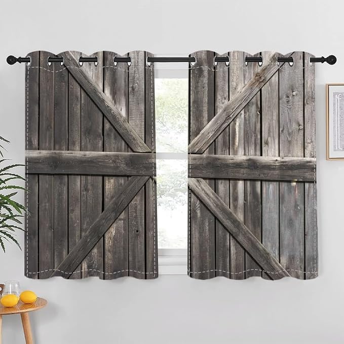 Rustic Barn Door Window Curtains Farmhouse Grey Wooden Door Garage Door Blackout Window Treatment for Living Room Bedroom Rural Farm Style Room Darkening Window Drapes,53x45 inch,2 Panels