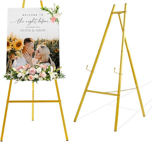 Gold Easel Stand for Sign, 43.5in Heavy Duty | 43.5in height, 4 adjustable tiers, holds 30 lbs, wedding signs, photos, mirrors, tabletop & floor displays, folding metal
