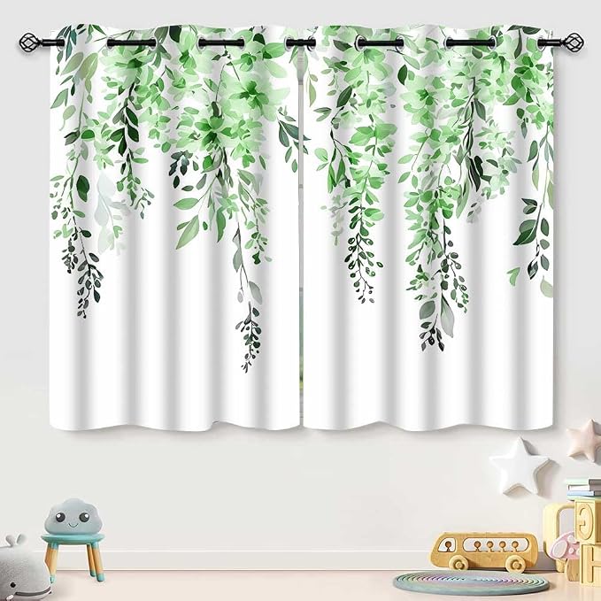 Green Watercolor Floral Curtains, Botanical Leaves Vine Flowers Curtain, Rustic Farmhouse Flower Leaf Blackout Window Treatment Drapes for Bedroom Living Room 52x63 inch, 2 Panels