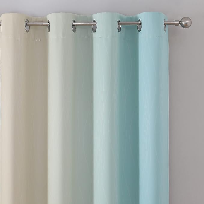 Estelar Textiler Beige and Aqua Ombre Short Blackout Cafe Curtains 36 Inch Length, Thermal Insulated Grommet Small Half Window Drapes for Kitchen/Basement/RV Camper, 52Wx36L, 2 Panels