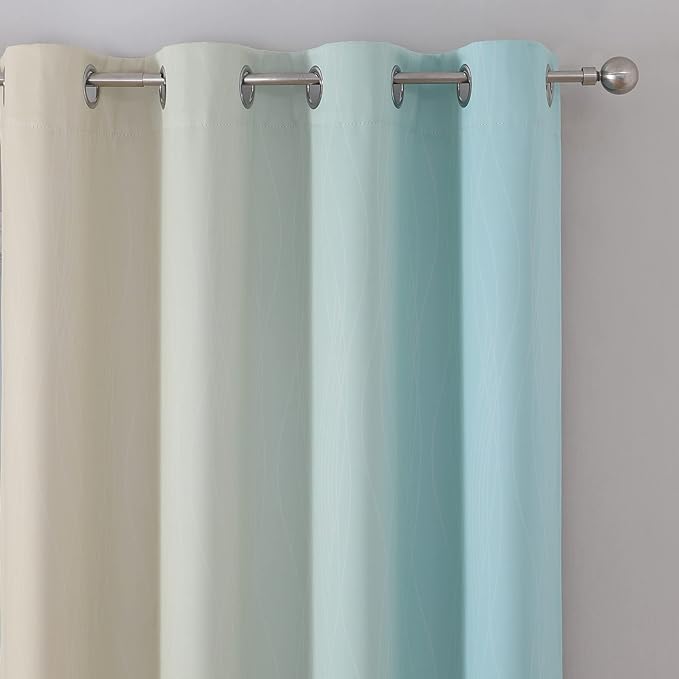 Estelar Textiler Aqua and Beige Gradient Blackout Curtains 84 Inches Long, Thermal Insulated Ombre Blackout Drapes for Bedroom, Room Darkening Energy Saving Curtains for Living Room, 52Wx84L, 2 Panels