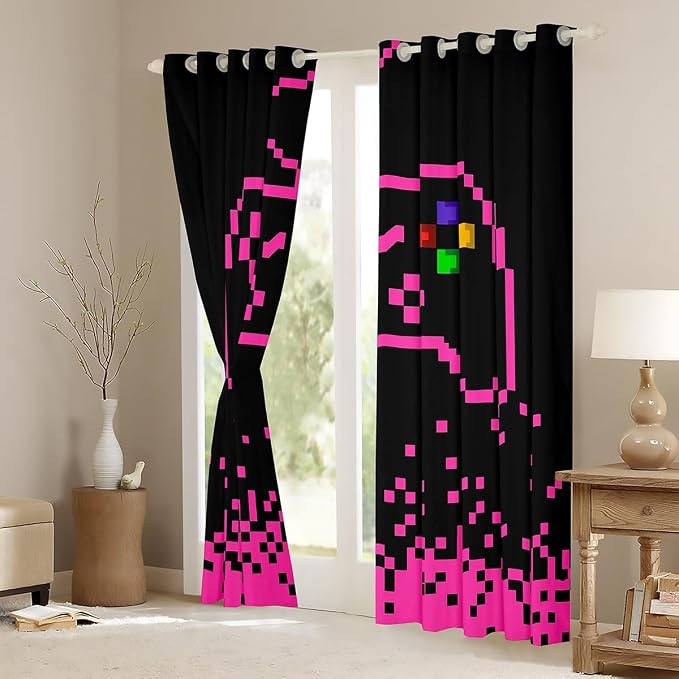 Castle Fairy Gamepad Window Curtain,Pixel Miners Games Blackout Window Treatment,Kids Teens Adult Pink Plaid Patchwork Bedroom Curtains Modern Fashion Living Room Decor Top 2 Panels,42Wx90L