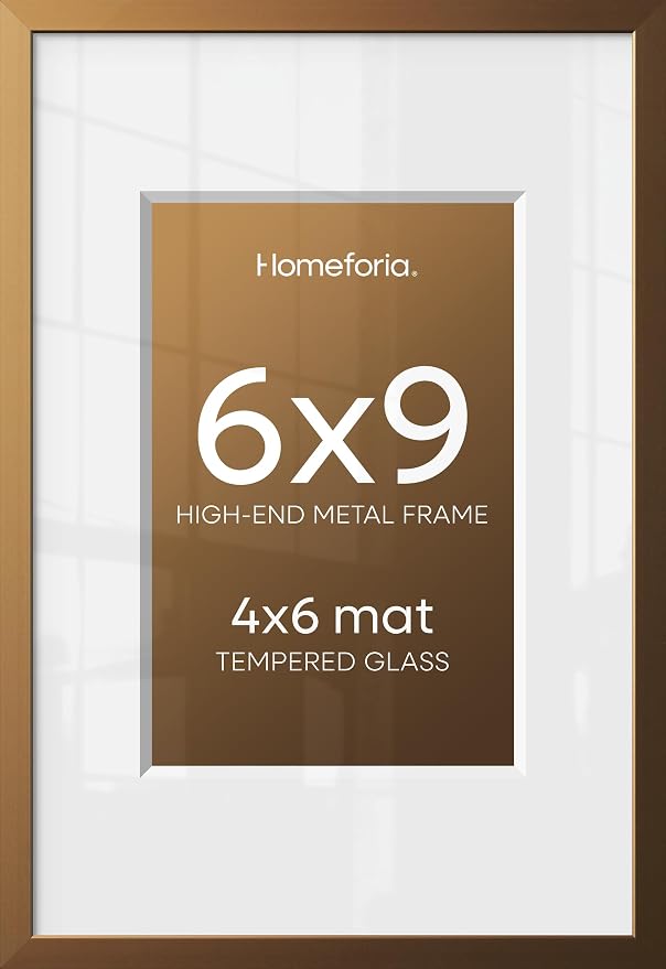 Homeforia 6x9 Picture Frame Bronze, High End Metal 6 x 9 Brass Frames with Mat 4 x 6 for Art, 6x9 Desk Frame Matted to 4x6 inch Photo, 6 by 9 Wall or Tabletop Frame, Tempered Glass, Wall Kit, Set of 1