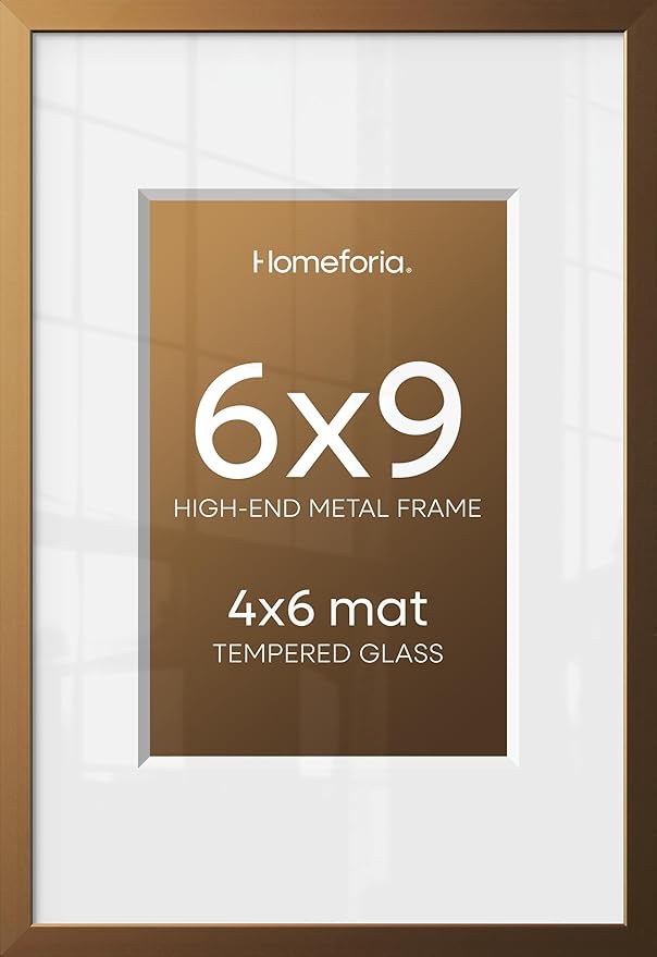 Homeforia 6x9 Picture Frame Bronze, High End Metal 6 x 9 Brass Frames with Mat 4 x 6 for Art, 6x9 Desk Frame Matted to 4x6 inch Photo, 6 by 9 Wall or Tabletop Frame, Tempered Glass, Wall Kit, Set of 3