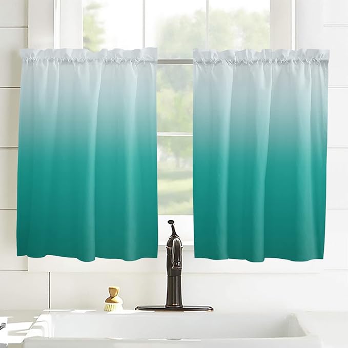 45 Inch Long Tier Curtains for Kitchen, Cyan Turquoise Gradient Bathroom Window Curtains Rod Pocket Short Curtains Window Treatment Tiers for Living Room Farmhouse 2 Panels