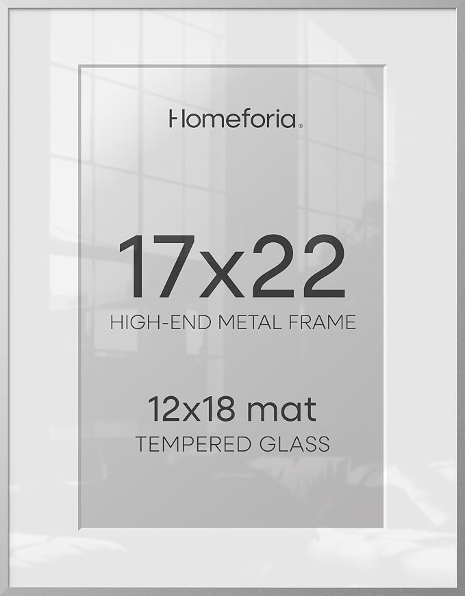 Homeforia 17x22 Picture Frame Silver, High End Metal 17x22 Frames with Mat 12x18 for Photo, 17 x 22 Silver Poster Frame Matted to 12 x 18 Print, 22x17 Hanging Frame, Tempered Glass, Wall Kit, Set of 1