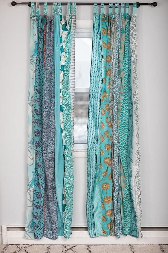 Rajbhoomi Assorted Sari Colorful Curtains Light-Filtering – Boho Curtains, Bed Canopy Panel, Tapestry or Window Treatment Turquoises Color (84 X 43 Inches)