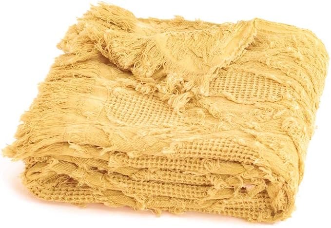Simple&Opulence 100% Cotton Throw Blanket for Bed, Couch, Boho Textured Geometric Knit Woven Blanket with Tassels Soft, Lightweight Breathable Shabby Chic Farmhouse Decoration for All-Season(Yellow)