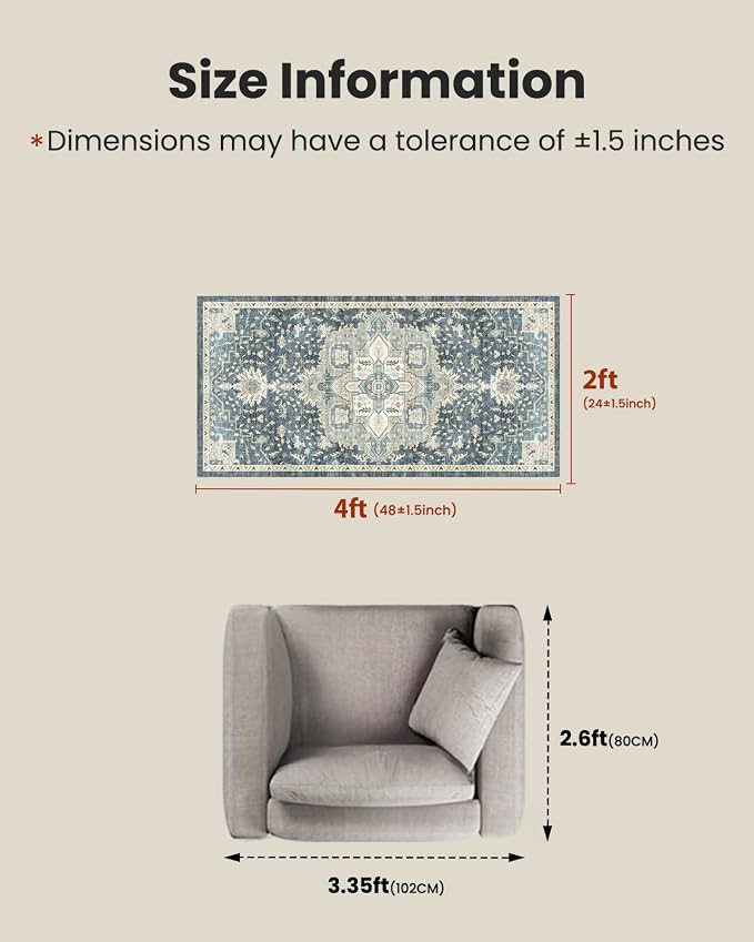 AMADA HOMEFURNISHING 2x4 Washable Area Rug, Low-Profile Entryway Rug with Non-Slip Backing & Durable Edge Binding, Vintage Rug Pattern, Small Rugs for Entryway, Kitchen & Living Room
