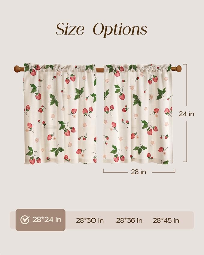 Miss Adola Farmhouse Kitchen Tier Curtains - 24 Inch Length Linen Blend Country Cafe Curtains Strawberry Small Window Treatments Over Sink Rod Pocket for Bathroom Living Room Light Filtering, 2 Panels