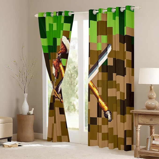 Castle Fairy Axe Sword Window Curtains,Camouflage Blocks Privacy Blackout Curtain for Window Miner Theme Shade Windows Covering for Bedroom Pixel Style Drapes 2 Panels,52Wx90L