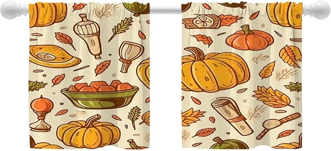 Shrahala Thanksgiving Seamless Pattern Blackout Curtain Tiers, Pumpkin Apple Pear Leaves Kitchen Valance Light Blocking Tier Drapes with Rod Pocket, 2 Pack 26 X 24 in