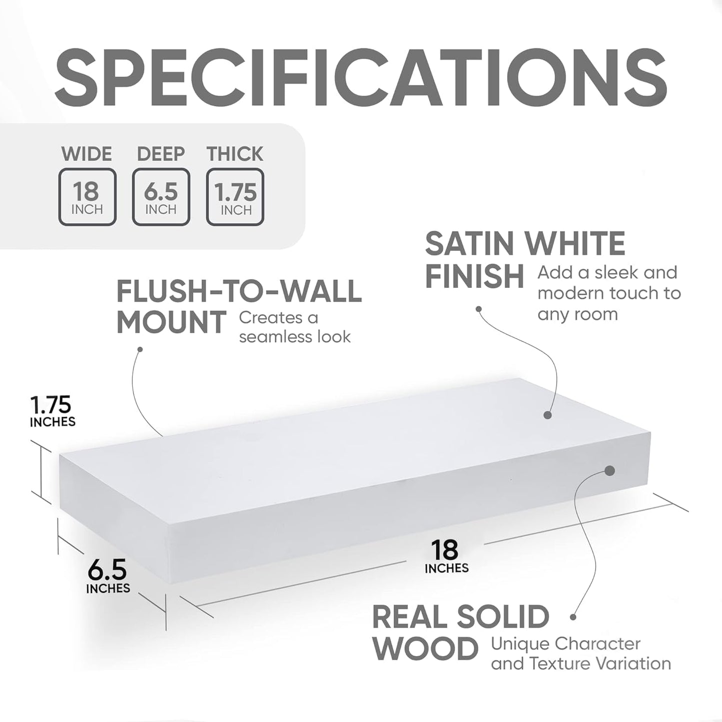 Homeforia White Floating Shelf 18 inch, High End Solid Real Wood 18inch Bathroom Floating Shelves for Wall Mounted, White Wooden 18in Floating Shelves, Heavy Duty Bracket, 18 X 6.5 X 1.75 in, Set of 2