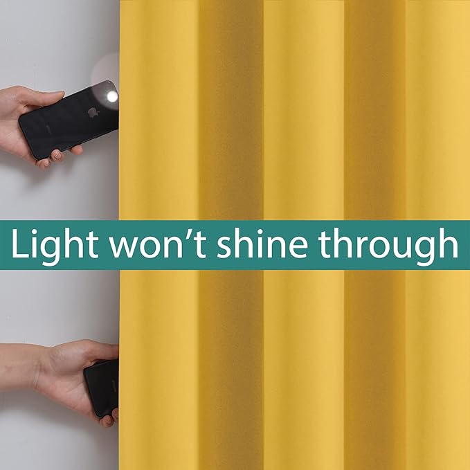Yakamok Total Blackout Curtains, 2 Thick Layers Completely Blackout Thermal Insulated Drapes with Black Liner for Bedroom(52Wx96L, Mustard Yellow, 2 Panels)