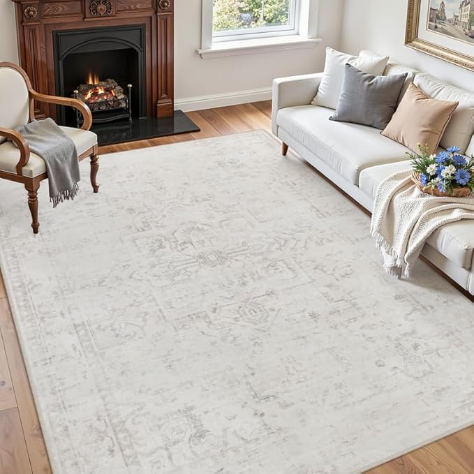 6x9 Area Rugs for Living Room: Vintage Boho Neutral Washable Rug Indoor Soft Large Area Rug Carpet for Bedroom Nursery Farmhouse Dining Room Office Floor Non-Slip Low Pile Under Table Neutral Cream