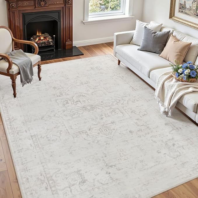 5x7 Area Rugs for Living Room: Vintage Boho Neutral Washable Rug Indoor Soft Large Area Rug Carpet for Bedroom Nursery Farmhouse Dining Room Office Floor Non-Slip Low Pile Under Table Neutral Cream