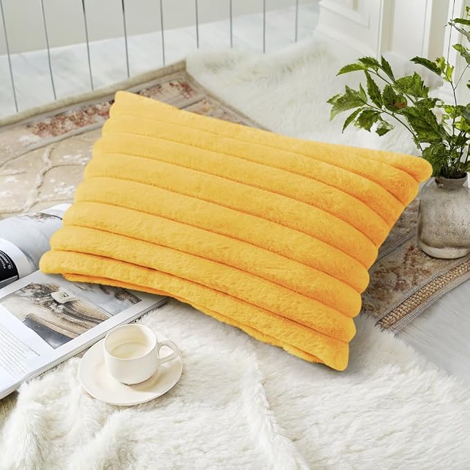 decorUhome Fall Cozy Faux Fur Throw Pillow Covers 12x20 Set of 2 Decorative Plush Striped Lumbar Modern Farmhouse Boho Couch Pillow Cases with Velvet Back for Sofa Bed Living Room, Mustard Yellow