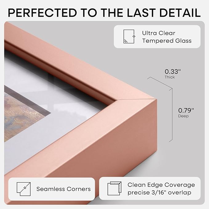 Homeforia 13x19 Picture Frame Rose Gold, High End Metal 13x19 Poster Frames with Mat 11x17 inch Photo, 13 x 19 Rose Gold Frame Matted to 11 by 17 Print, 19x13 Frame, Tempered Glass, Wall Kit, Set of 1