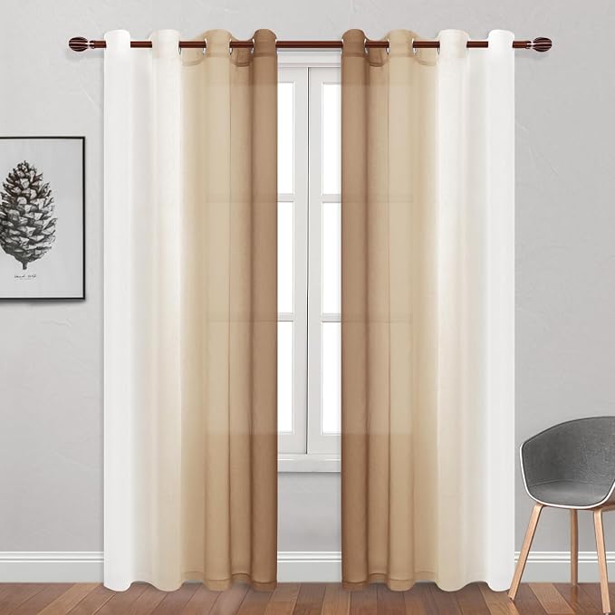 DWCN Taupe Faux Linen Ombre Sheer Curtains - 96 inches Long Gradient Semi Voile Curtains for Bedroom and Living Room, Set of 2 Grommet Top Window Curtain Panels, 52 x 96 Inches Long, Taupe