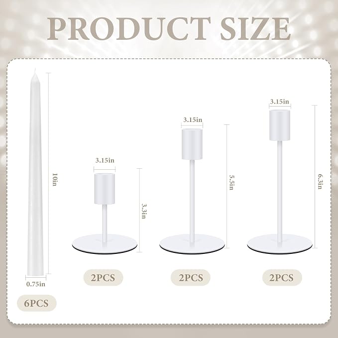 6 Set Candle Holders Bulk with 10'' Dripless Taper Candles 3.3'' 5.5'' 6.3'' Metal Candlestick Holders Vintage Modern Decorative Table Centerpiece for Wedding Birthday Home Decor (White)