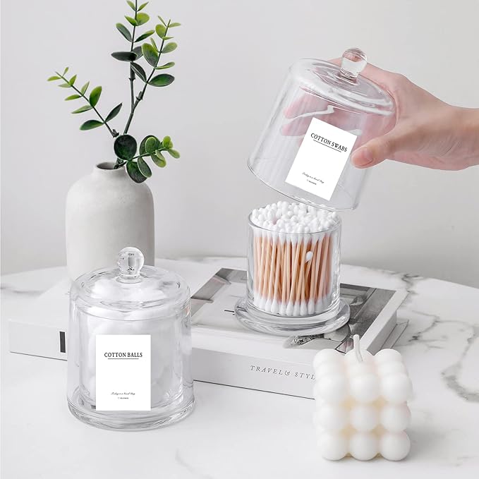 rejomiik Qtip Holder Thick Glass Apothecary Jars with Lid for Bathroom Accessories Vanity Organizers and Makeup Storage for Cotton Ball, Swabs, Makeup Sponges, Candy, Jewelry, Clear