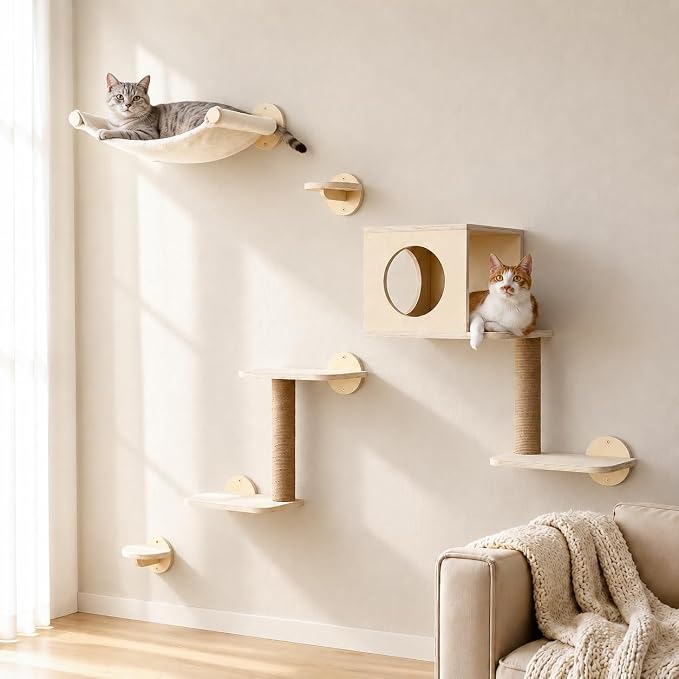 FUKUMARU Cat Wall Shelves, 5-Piece Stable Wooden Wall-Mounted Furniture Set, Kitty Climber with Hammock, House, Steps, Scratching Post (Beige)