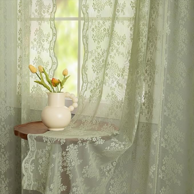 YJ YANJUN Vintage Lace Curtains 63 Inch Length-Elegant Floral Sage Green Sheer Curtain Panels for Living Room Bedroom, Light Filtering Embroiderd, Summer Easter Cottage Core Decor 2 Panels 52W x 63L