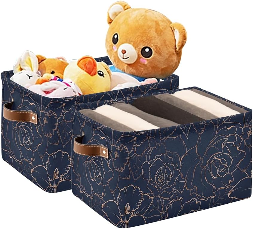 susiyo Large Foldable Storage Bins Collapsible Decorative Fabric Storage Baskets with Leather Handles for Home Closet Bedroom Organizer Nursery 2 Pack,Navy Blue