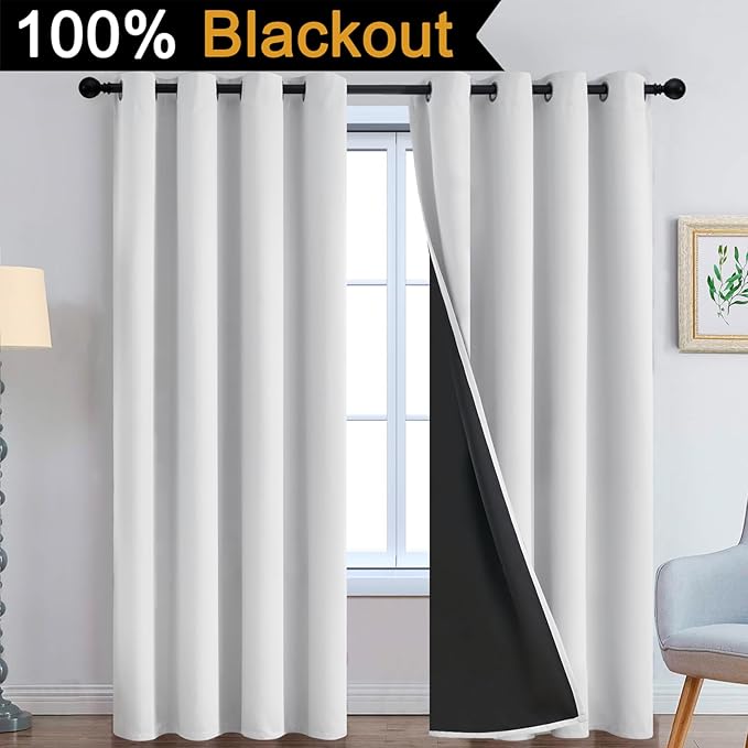Yakamok 100% Blackout Curtains 84 Inches Long, 2 Thick Layers Heat and Full Light Blocking Soft Thermal Insulated Drapes for Bedroom(52" Wide Each Panel, Greyish White, 2 Panels)