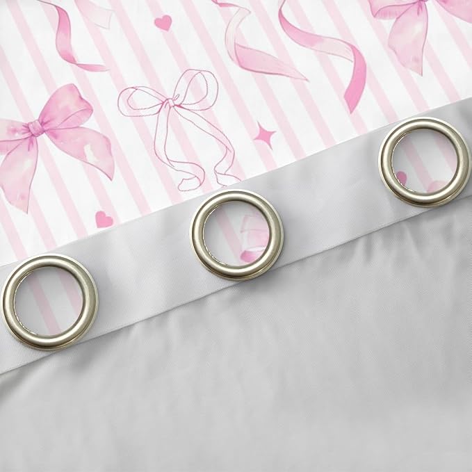 Feelyou Girls Pink Bow Blackout Curtains Coquette Cute Bow Knot Darkening Drapes for Bedroom Living Room Pink White Stripes Insulated Shades Dreamy Princess Window Treatments, 2 Panels 52 x 96 Inch