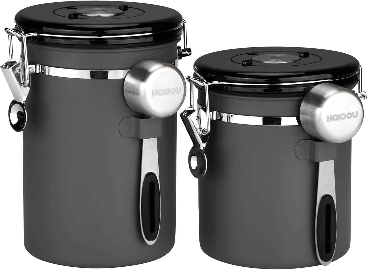 HAIOOU Airtight Coffee Canister, 22OZ +16OZ 2 Piece Stainless Steel Coffee Bean Storage Container with Date Tracker, Measuring Scoop, 6Pcs CO2 Valves, Mini Tongs for Coffee Bean, Grounds - Grey