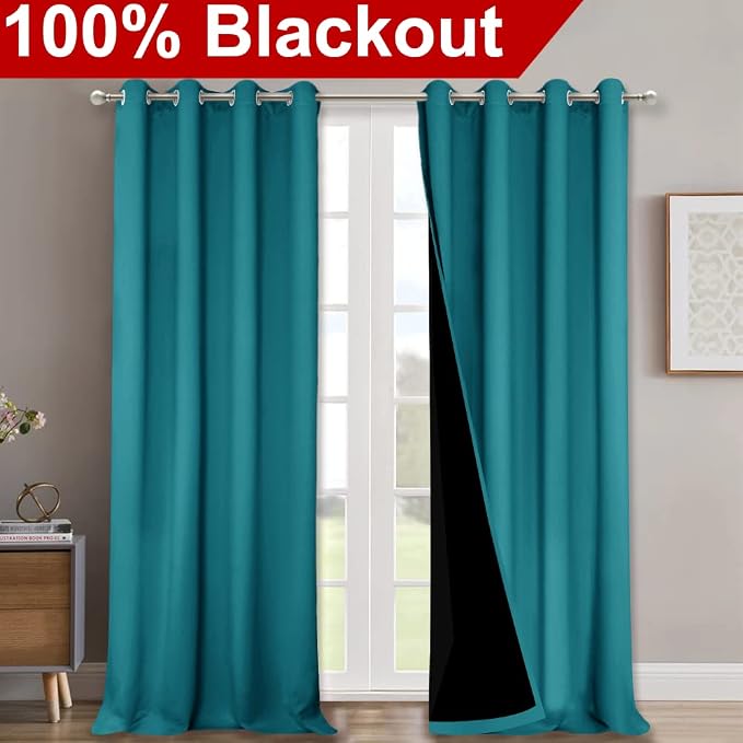 NICETOWN 100% Blackout Curtains for Windows, Pack of 2, Peacock Teal, 52" W x 102" L, Super Heavy-Duty Black Lined Total Darkness Drapes for Bedroom, Privacy Assured Window Treatment for Patio