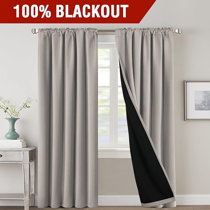 H.VERSAILTEX 100% Blackout Curtains for Bedroom with Black Liner Full Room Darkening Curtains 96 Inches Long Thermal Insulated Back Tab/Rod Pocket Window Drapes for Living Room, 2 Panels, Warm Taupe