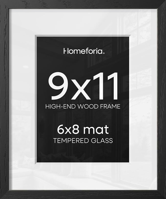 Homeforia 9x11 Black Wood Picture Frame, High End Oak 9 x 11 Frames with Mat 6 by 8 Print, 9by11 Black Wooden Frame Matted to 6x8 inch Photo, Wall or Tabletop Frame, Tempered Glass, Wall Kit, Set of 2