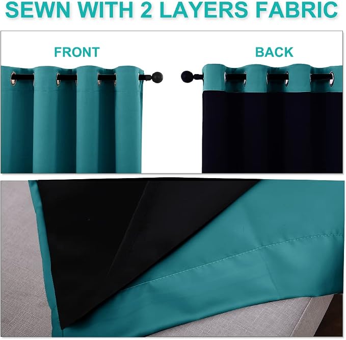 NICETOWN 100% Blackout Window Curtain Panels, Full Light Blocking Drapes with Black Liner for Nursery, 72-inch Drop Thermal Insulated Draperies (Peacock Teal, 2 Pieces, 62-inch Wide Per Panel)