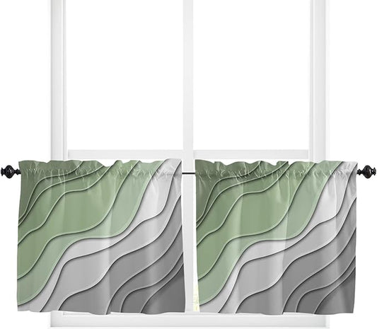 24 Inch Long Tier Curtains for Kitchen, Sage Green and Grey Ombre Stripes Geometric Color Gradient Bathroom Window Curtains Rod Pocket Short Curtains Window Treatment Tiers for Living Room 2 Panels