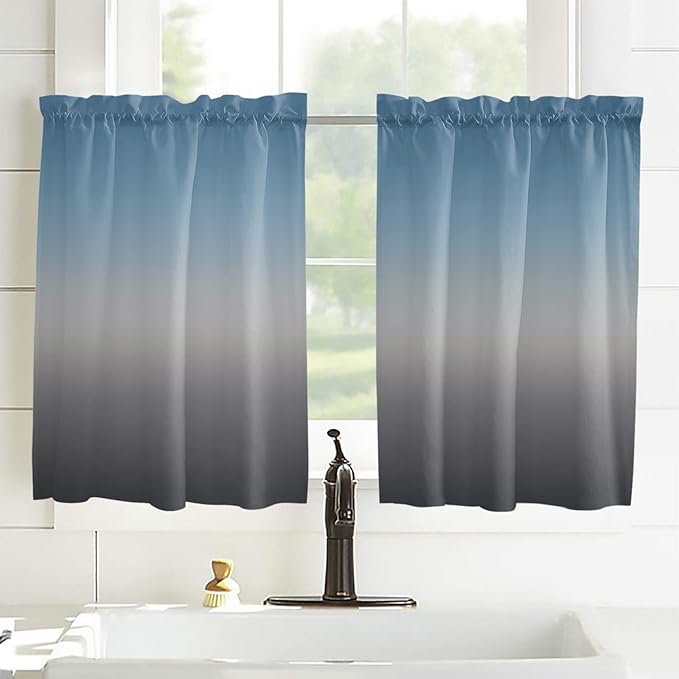 45 Inch Long Tier Curtains for Kitchen, Blue Gray Gradient Bathroom Window Curtains Rod Pocket Short Curtains Window Treatment Tiers for Living Room Farmhouse 2 Panels