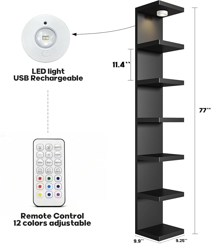 2 Pack-7 Tier Vertical Wall Shelf Unit with USB Rechargeable LED Light (Remote Controlled),Floating Lack Shelf,Versatile Display Shelves for Home Storage, Decor,Vanity-Black