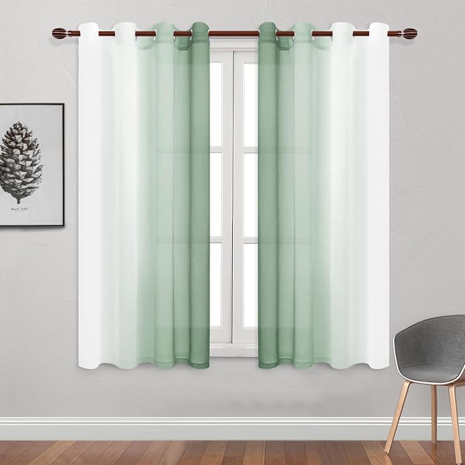 DWCN Light Sage Faux Linen Ombre Sheer Curtains - Gradient Semi Voile Curtains for Bedroom and Living Room, Set of 2 Grommet Top Window Curtain Panels, 52 x 72 Inches Long, Sage Green