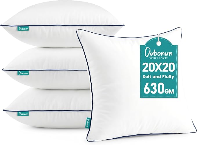 Oubonun 20 x 20 Throw Pillow Inserts – Durable & Structured, Soft Down Alternative Decorative Pillows with Piping Edge for Couch Sofa Bed, Machine Washable, White, Pack of 4