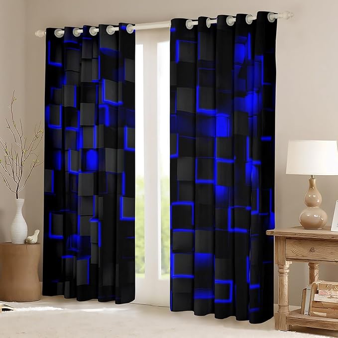 Feelyou Blue and Black Darkening Drapes (2 Panels, 38 x 45 Inch) Light Geometric Curtains for Bedroom Living Room Girls Decor Blackout Curtains Modern Style Window Treatments