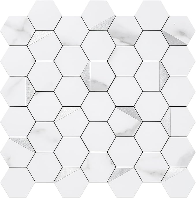 DICOFUN 1 Sheet Hexagon Tile Peel and Stick Backsplash, White Marble Look PVC Mixed Silver Metal Mosaic Tiles for Kitchen and Bathroom