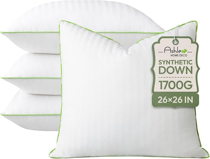 Ashler Home Deco Synthetic Down Pillow Inserts, 26x26 Down Alternative Throw Pillows Insert Sleeping Pillows with 100% Cotton Cover Decorative Pillow Stuffer for Sofa, Couch Bed(Set of 4, White)