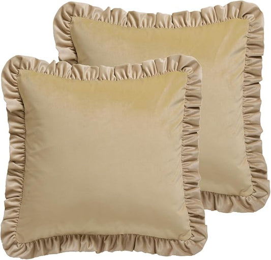 ISAENNE Vintage Turmeric Color Square Throw Pillow Covers 22"x22" Set of 2, Solid Color Farmhouse Velvet Decoration Pillow Cover with Ruffles,Throw Pillow Case for Couch Sofa Bed Living Room Car