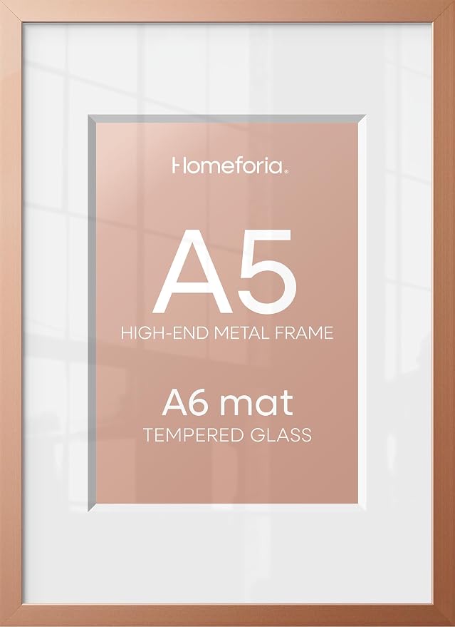 Homeforia A5 Frame Rose Gold, High End Metal 5.8 x 8.3 Picture Frames Matted to 4.1 by 5.8 inch Art, A5 Display Photo Frame with Mat A6, 5.8x8.3 Rose Poster Frames, Tempered Glass, Wall Kit, Set of 1