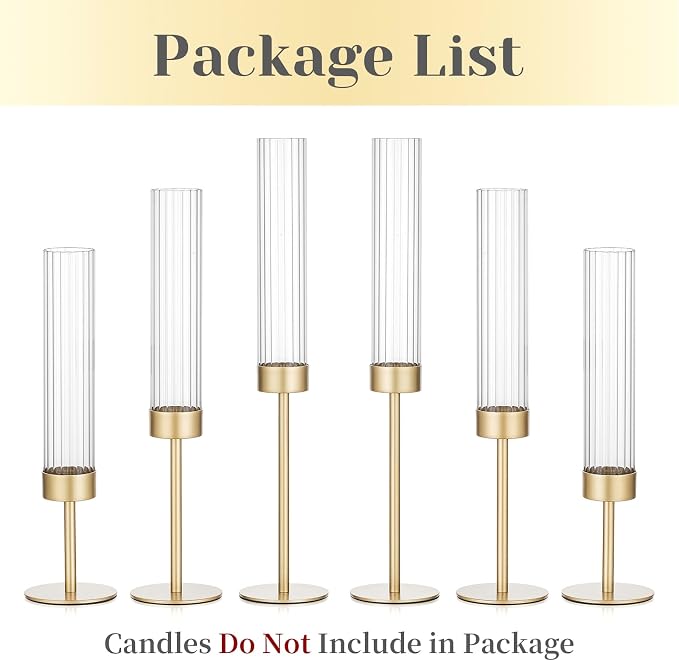 Hewory Gold Hurricane Candle Holder: 6PCS Candlestick Holders for Decor | Ribbed Glass, Brass Taper Candle Holders at 3 different heights, for Table Centerpiece Wedding Party Christmas Decorations